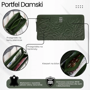 Portfel damski skórzany z tłoczeniem kwiatowym RFID