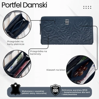 Portfel damski skórzany granatowy w kwiaty Paolo Peruzzi