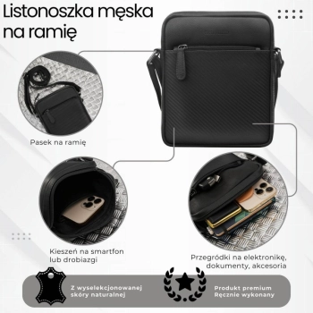Saszetka męska skórzana na ramię z tłoczeniem typu carbon czarna Paolo Peruzzi AL-19-BL