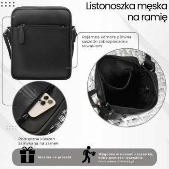 Saszetka męska skórzana na ramię z tłoczeniem typu carbon czarna Paolo Peruzzi AL-19-BL