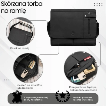 Męska czarna skórzana torba na ramie na laptopa vintage Paolo Peruzzi T-148-HBL
