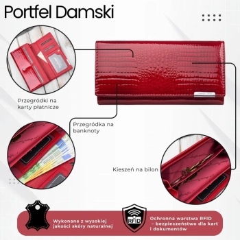 Portfel damski skórzany lakierowany czerwony z tłoczeniem croco SP-16-CRD