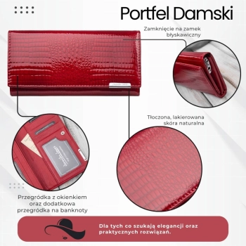 Portfel damski skórzany lakierowany czerwony z tłoczeniem croco SP-16-CRD