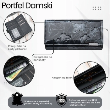 Portfel damski skórzany lakierowany motyw motyle czarny