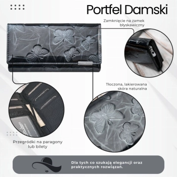 Portfel damski skórzany lakierowany motyw motyle czarny
