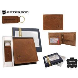 Prezentowy zestaw marki Peterson obszerny męski portfel ze skóry i stylowy brelok.