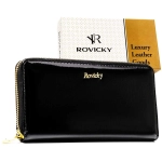 Portfel skórzany damski RFID czarny piórnik skóra lakierowana Rovicky