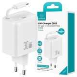USAMS Ład. siec. 1xUSB-C ze zwijanymkablem USB-C Retractable PD+QC 30W Gan Fast Charging biały/white YC Series CC241TC02 (US-CC241)