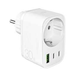 Ładowarka Puro 30W Power Delivery z wtyczką i gniazdem Schuko 2x USB-C + 1x USB-A - biała