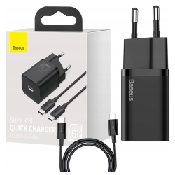 Ładowarka sieciowa Baseus Super Si Quick Charger 1C 25W z przewodem USB-C do USB-C 1m (czarna) Ładowarka sieciowa Baseus Super Si Quick Charger 1C 25W z przewodem USB-C do USB-C 1m (czarna)