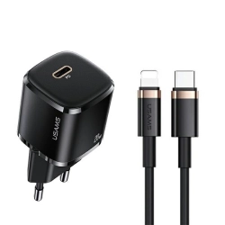 USAMS Ład. siec. 1xUSB-C T36 mini 20W+ kabel USB-C-Lightning czarny/black PD3.0 Fast Charging XFKXLOGTL01 (US-CC124+US-SJ484)