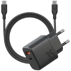 Ładowarka sieciowa Bazic Goport Velox    Kit 1xUSB-C 1xUSB-A GaN 35W z kablem plecionym czarny