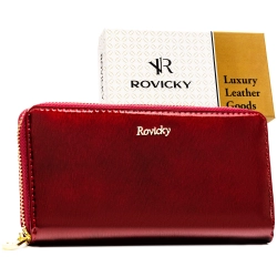 Portfel skórzany damski RFID czerwony na suwak pojemny lakierowany Rovicky