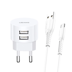 USAMS Ład. siec. 2xUSB T20 2,1A microUSBbiały/white round Fast Charging XTXLOGT18MC05