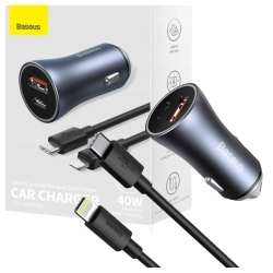 Ładowarka samochodowa Baseus Golden Contactor Pro, USB + USB-C, QC4.0+, PD, SCP, 40W (szara) + kabel USB-C do iP 1m (czarny)