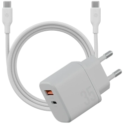Ładowarka sieciowa Bazic Goport Velox Kit 1xUSB-C 1xUSB-A GaN 35W z kablem plecionym biały Ładowarka sieciowa Bazic Goport Velox Kit 1xUSB-C 1xUSB-A GaN 35W z kablem plecionym biały