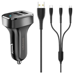 USAMS Ład. sam. 2xUSB C13 2,1A 3w1(microUSB/USB-C/lightning) czarny/black NTU35YTSC13TZ
