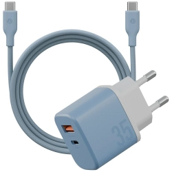Ładowarka sieciowa Bazic GoPort Velox    Kit USB-C/USB-A GaN 35W z kablem niebieski