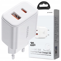 Szybka dwuportowa ładowarka sieciowa 20W USB-C / USB-A Joyroom JR-TCF05 - biała + kabel USB-C - Lightning 1m