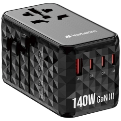 Verbatim Adapter podróżny EU/UK/US GaNUSB-A/3xUSB-C PD 140W UTA-10 czarny/black 32125 Verbatim Adapter podróżny EU/UK/US GaNUSB-A/3xUSB-C PD 140W UTA-10 czarny/black 32125