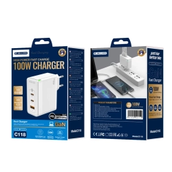 JELLICO ładowarka sieciowa C118 GaN PD 100W 2xUSB-C + 1xUSB QC3.0 + kabel USB-C - Lightning Biały
