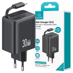 USAMS Ład. siec. 1xUSB-C ze zwijanymkablem USB-C Retractable PD+QC 30W Gan Fast Charging czarny/black YC Series CC241TC01 (US-CC241)