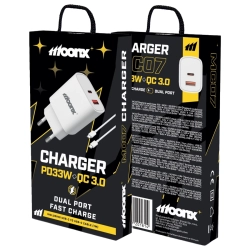 MOONX ładowarka sieciowa MC07 PD 33W 1xUSB-C + 1xUSB QC3.0 + kabel USB-C - USB-C Biały