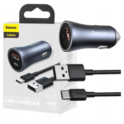 Ładowarka samochodowa Baseus Golden Contactor Pro, USB + USB-C, QC4.0+, PD, SCP, 40W (szara) + kabel USB do USB-C 1m (czarny)