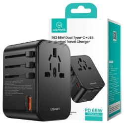 USAMS Adapter siec 1xUSB+2xUSB-C T62 65W4w1 US/AU/EU/UK czarny/black CC199TC01 (US-CC199) Univesal Travel Charger