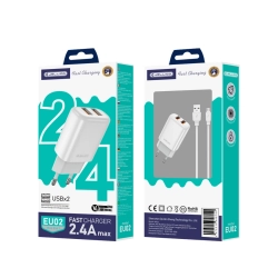 JELLICO ładowarka sieciowa EU02 2.4A 12W 2xUSB + kabel Micro Biały