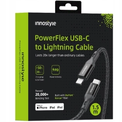 INNOSTYLE POWERFLEX KABEL USB-C LIGHTNING MFI SZYBKIEGO ŁADOWANIA DO IPHONE KEVLAR 2M CZARNY