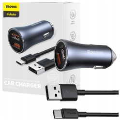 Ładowarka samochodowa Baseus Golden Contactor Pro, 2x USB, 40W (szara) + kabel USB do USB-C 1m (czarny)