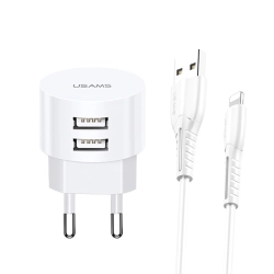 USAMS Ład. siec. 2xUSB T20 2,1A lightning biały/white round Fast Charging  XTXLOGT1804