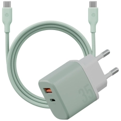 Ładowarka sieciowa Bazic GoPort Velox    Kit USB-C/USB-A GaN 35W z kablem zielony