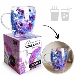 Szklanka termiczna z kwiatami w środku 300ml 1szt, pełna hortensji, niebieski bordo SZK214