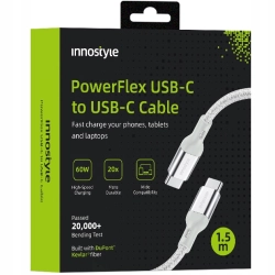 INNOSTYLE POWERFLEX KABEL USB-C SZYBKIE ŁADOWANIE DO IPHONE SAMSUNG 3A 60W KEVLAR 2M SREBRNY