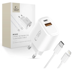 Ładowarka sieciowa Tech-Protect NCA30 PD 30W QC3.0 USB-A / USB-C + Kabel USB-C / Lightning 100cm - biała