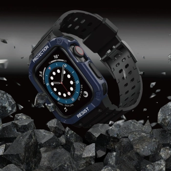 Protect Strap Band opaska z etui do Apple Watch 7 / 6 / 5 / 4 / 3 / 2 / SE (45 / 44 / 42mm) obudowa pancerny pokrowiec na zegarek czarny / niebieski