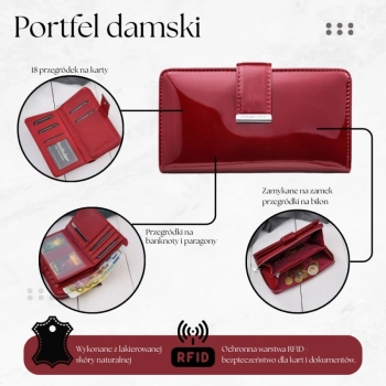 Portfel damski skórzany duży lakierowany czerwony poziomy z RFID SP-25-RD