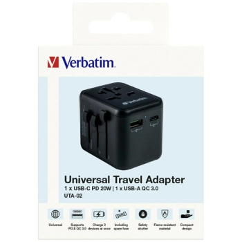 Verbatim Adapter podróżny EU/UK/US2xUSB-A/USB-C PD 20W UTA-02 czarny/black 49544