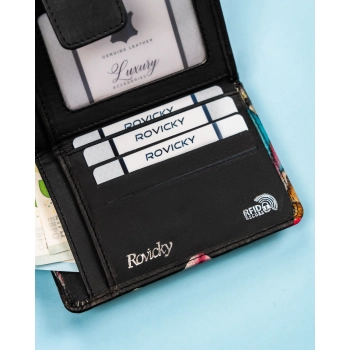 Damski portfel Rovicky pionowy ze skóry naturalnej RFID na zatrzask