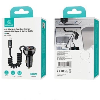 USAMS Ład. sam. C37 1xUSB+1xUSB-C 60W +kabel USB-C 30W PD+QC Fast Charge czarny/black CC192CC01 (US-CC192)