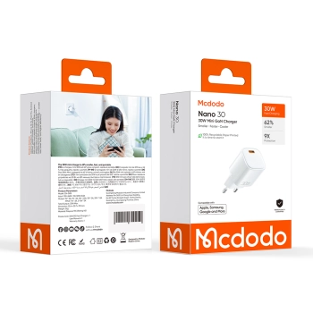 MCDODO SZYBKA ŁADOWARKA SIECIOWA DO TELEFONU ZASILACZ USB-C GAN PD QC - 30W