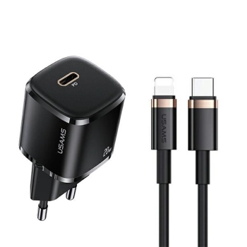 USAMS Ład. siec. 1xUSB-C T36 mini 20W+ kabel USB-C-Lightning czarny/black PD3.0 Fast Charging XFKXLOGTL01 (US-CC124+US-SJ484)