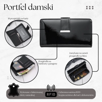 Portfel damski skórzany lakierowany duży z ochroną RFID