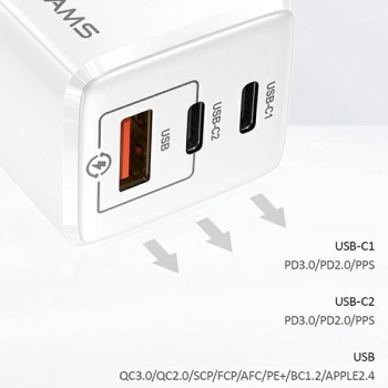 USAMS Ład. siec. MT 2xUSB-C+USB GaN 65WT33 PD (only head) Fast Charging biały/white CC110TC02 (US-CC110)