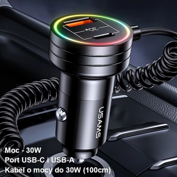 USAMS Ład. sam. 2xUSB-C 1xUSB-A C33 60Wwith spring cable Fast Charge czarny/black CC167CC01 (US-CC167)