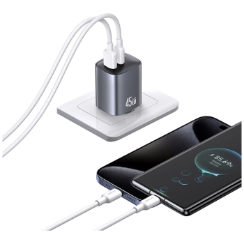 Ładowarka sieciowa USAMS CC290 T66 45W   GaN 1xUSB-A 1xUSB-C srebrny