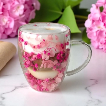 Szklanka termiczna z kwiatami w środku, gipsówka hortensje róż 300 ml 1szt SZK149