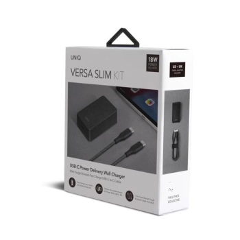 UNIQ Ład. siec. Versa Slim  USB-C PD 18W+ kabel USB-C na USB-C czarny/charcoal black (LITHOS Collective)